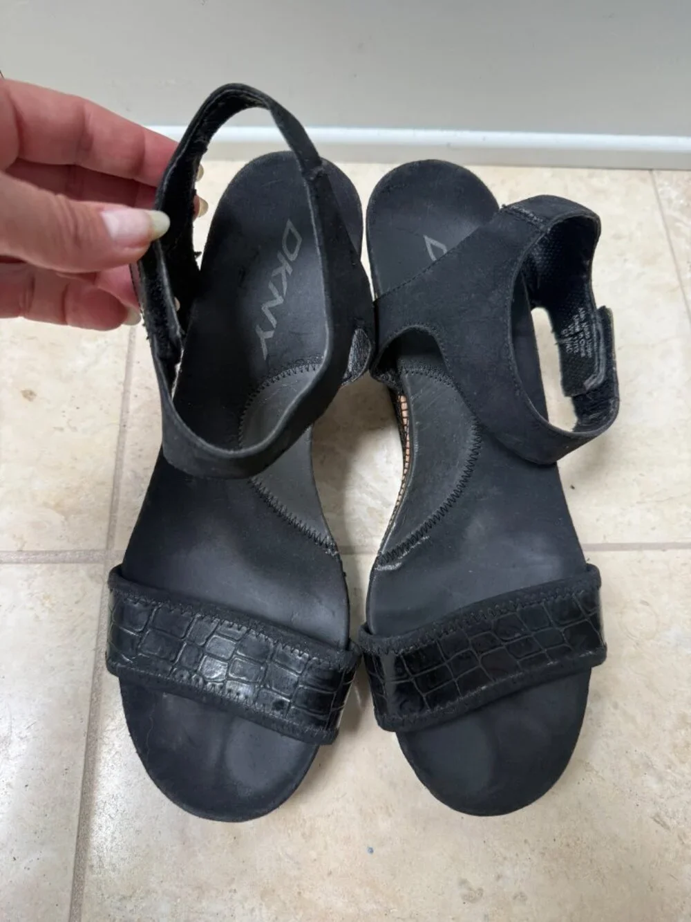 DKNY Black Wedge Sandals Velcro Ankle Strap Croc Embossed Size 9M